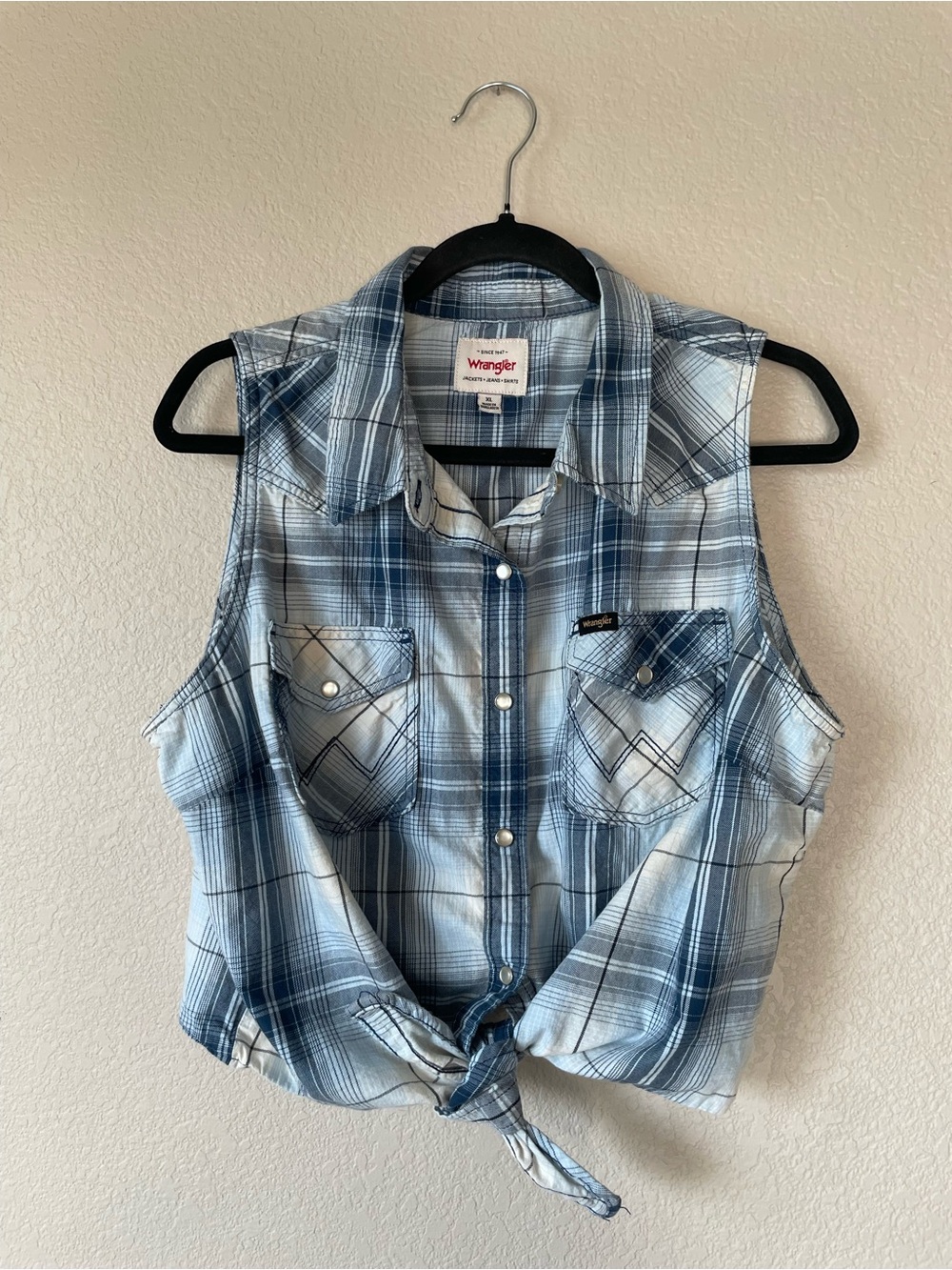 Wrangler Light and Navy Blue Plaid Sleeveless Tie-Front Shirt